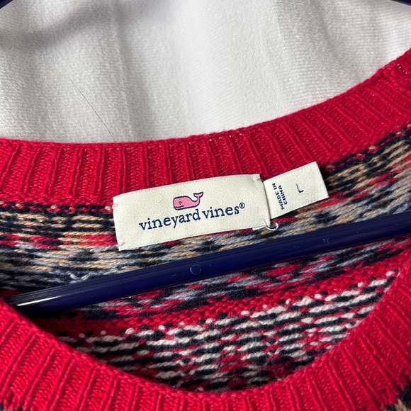 Vineyard Vines size L red merino wool crew cable knit fair isle Nordic sweater - Picture 3 of 5